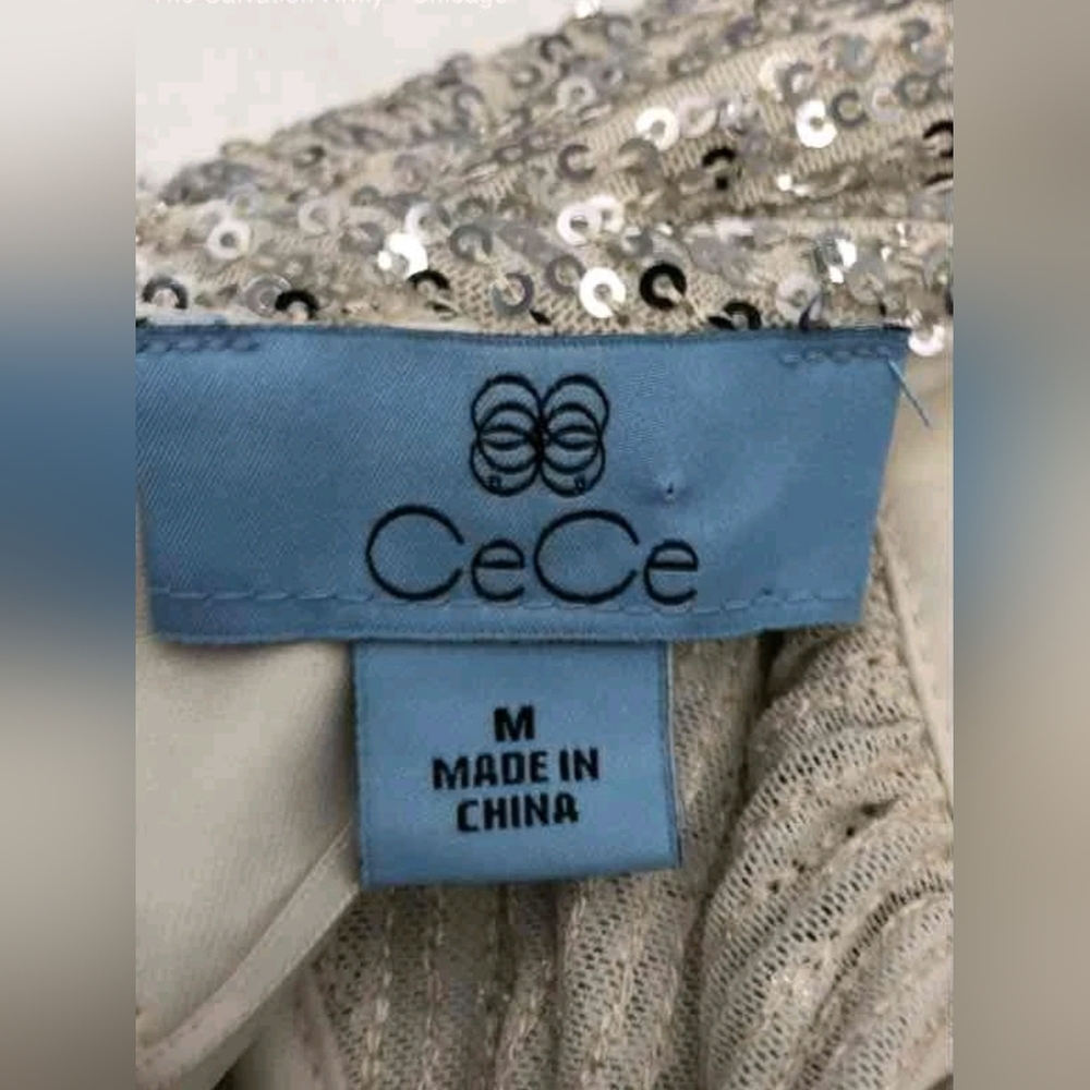 NEW Cece Designer Champagne Silver Sequin Long Sleeve Mock Neck Blouse Top M - Picture 3 of 6